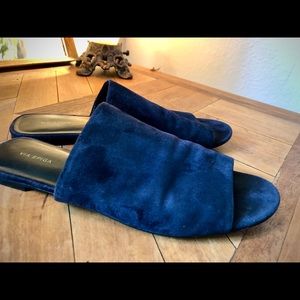 Blue suede mules